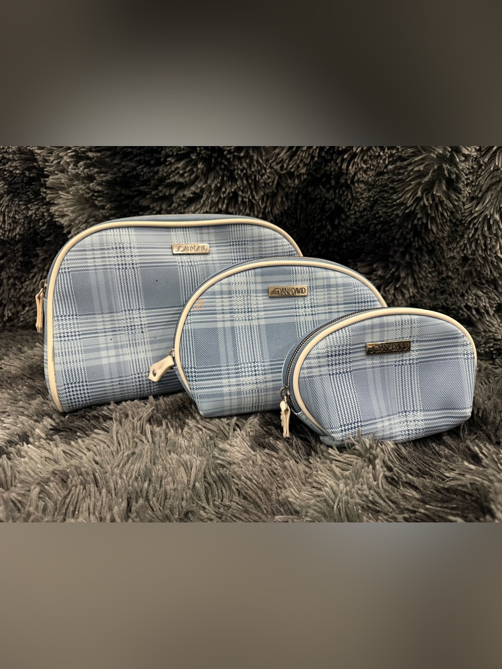 Joan & David Light Blue Plaid Cosmetic Pouch Trio with Cream Trim